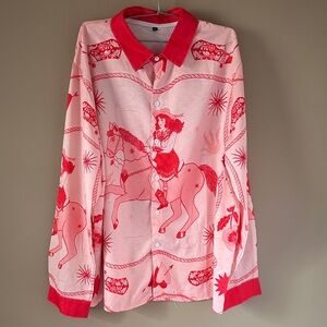 Cowgirl Horse Print Button-Up Shirt in Pink & Red